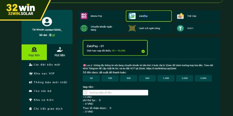 Truy cập vào tài khoản nạp tiền 32WIN
